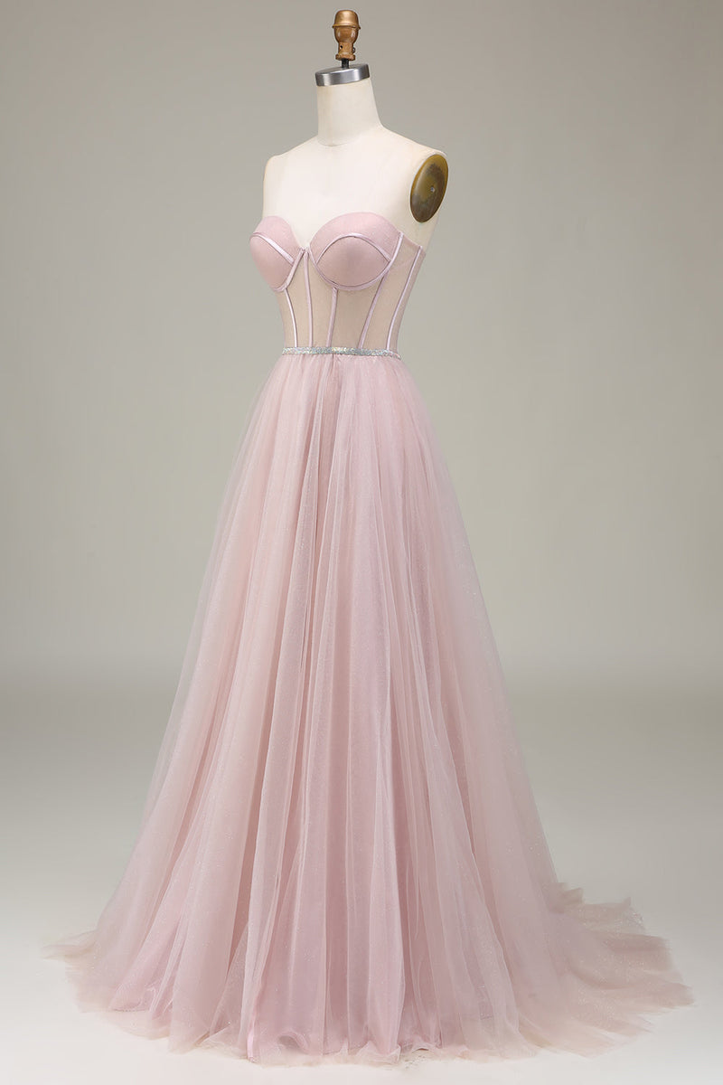 Hellymoon Women Tulle A Line Strapless Light Pink Corset Prom Dress