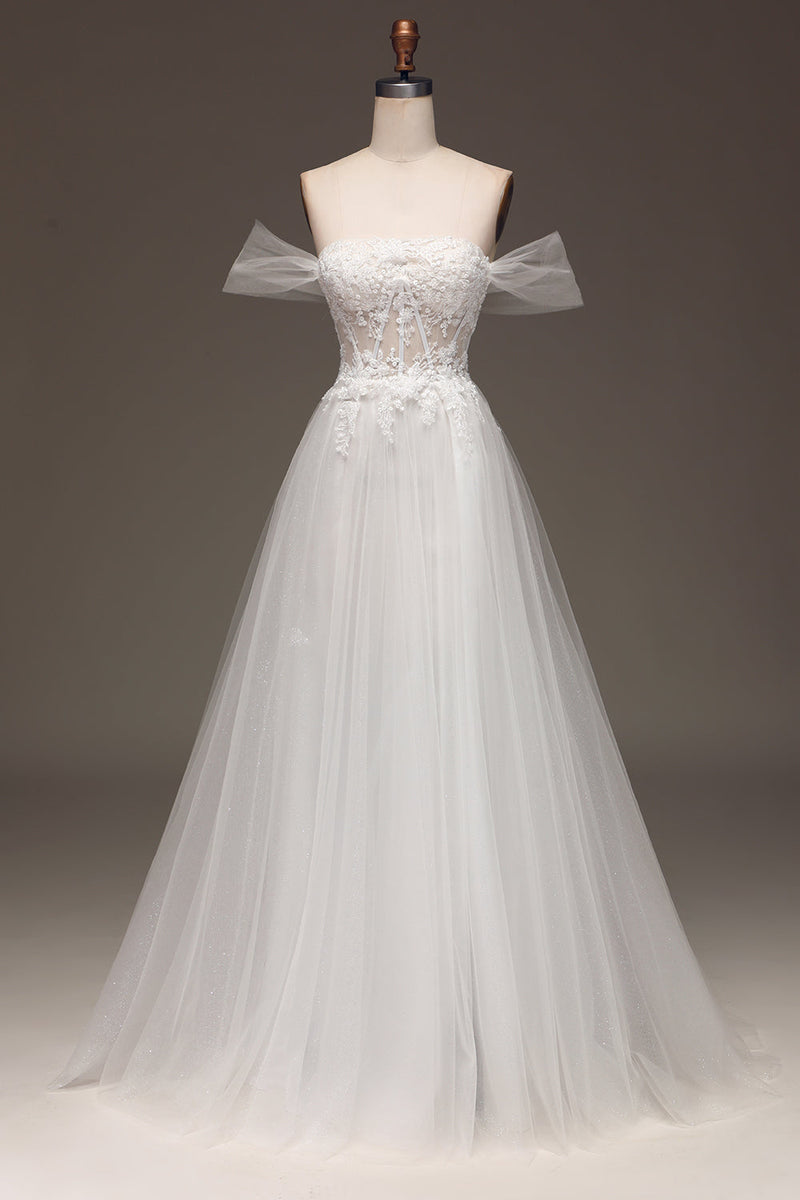 Load image into Gallery viewer, White Off the Shoulder A Line Corset Prom Dress with Appliques