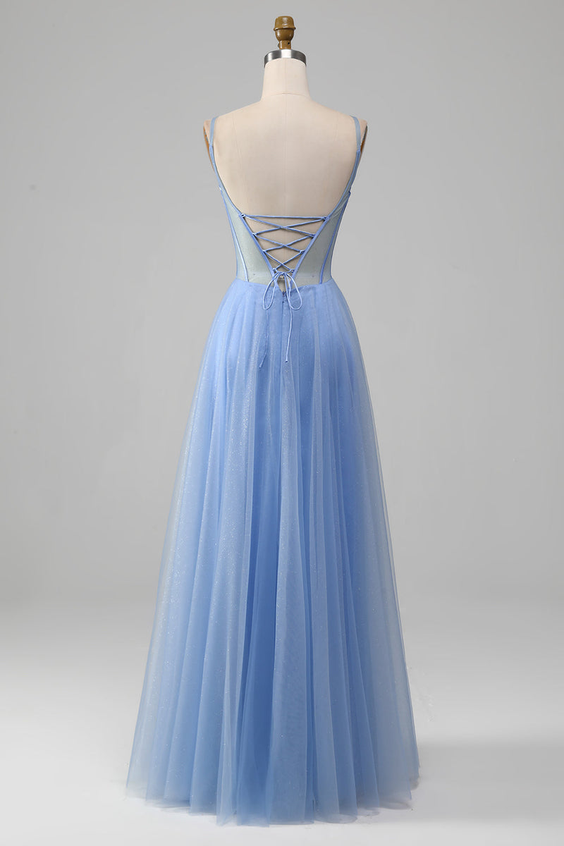open lace back dress ZAPAKA Women Sparkly Mermaid Prom Dress with Slit Light Blue Spaghetti  Straps Party Dress with Pleated – ZAPAKA UK