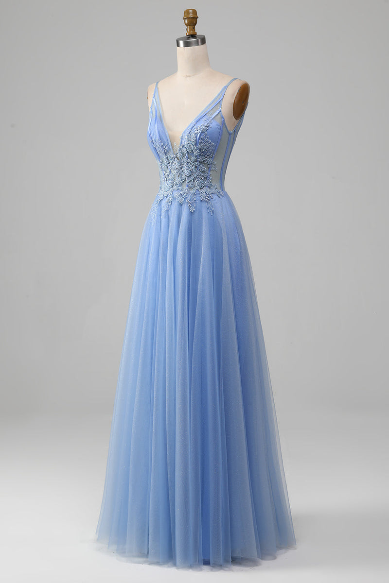 Load image into Gallery viewer, Light Blue A-Line V Neck Tulle Prom Dress With Appliques