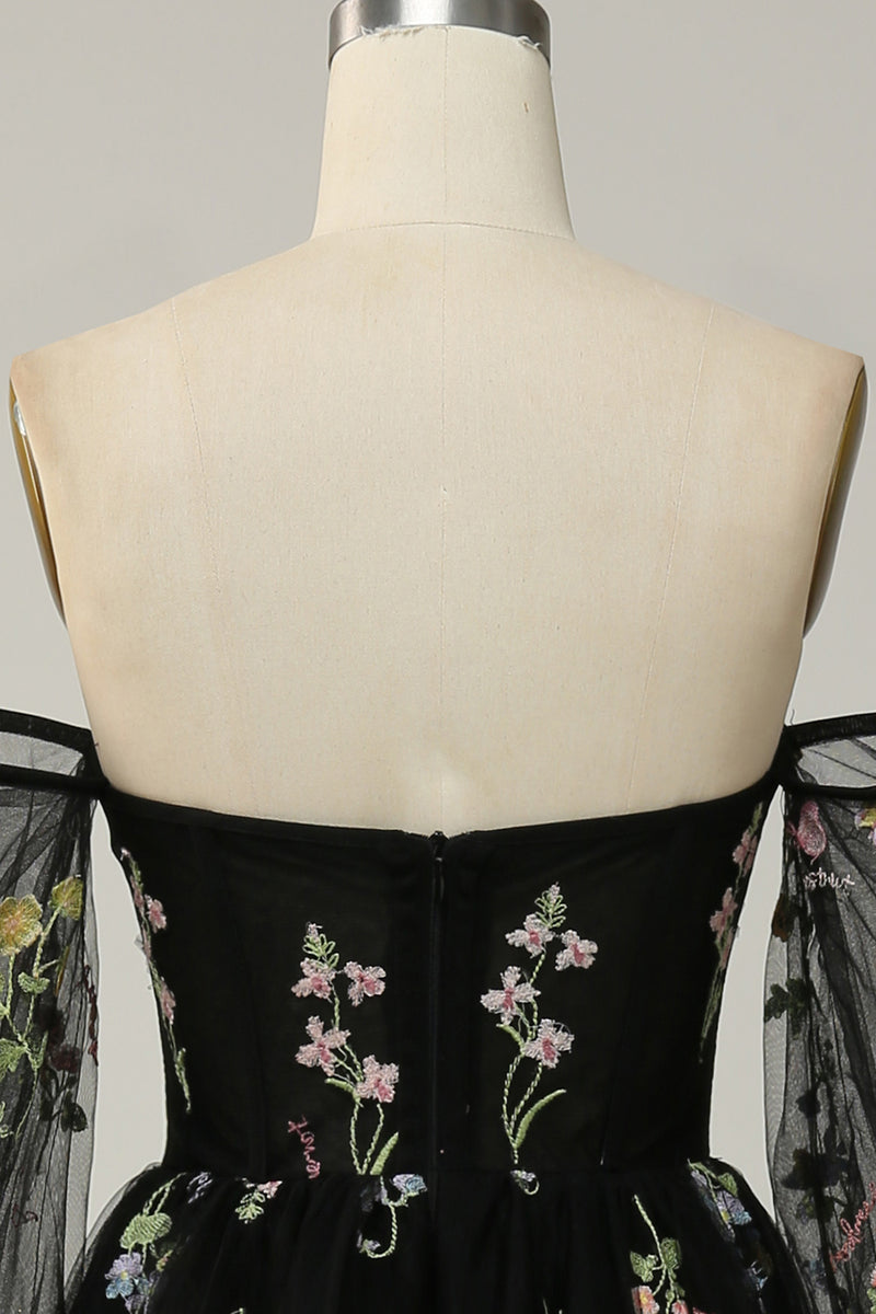 Load image into Gallery viewer, Off The Shoulder Black A-Line Prom Dress with Long Sleeves