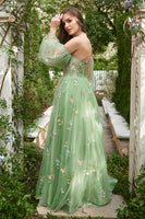Load image into Gallery viewer, Off The Shoulder Green A-Line Prom Dress with Long Sleeves