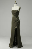 Load image into Gallery viewer, Green Strapless Satin Prom Dress with Slit