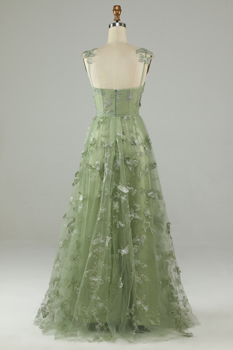 Load image into Gallery viewer, Tulle Corset Long Green Prom Dress with 3D Butterflies