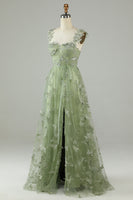 Load image into Gallery viewer, Tulle Corset Long Green Prom Dress with 3D Butterflies