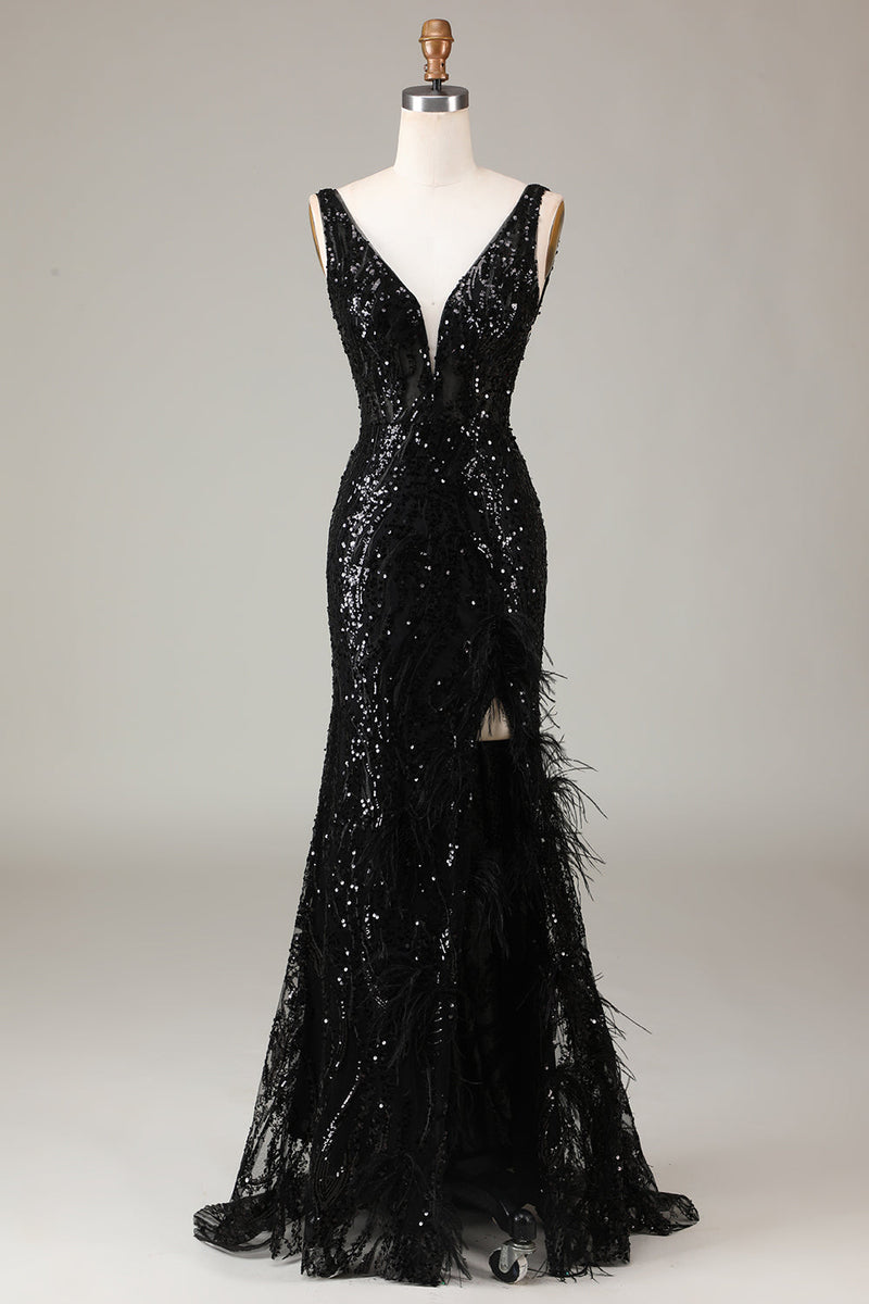 Load image into Gallery viewer, Black Sparkly Depp V-neck Mermaid Prom Dress with Feathers