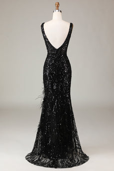 Black Sparkly Depp V-neck Mermaid Prom Dress with Feathers