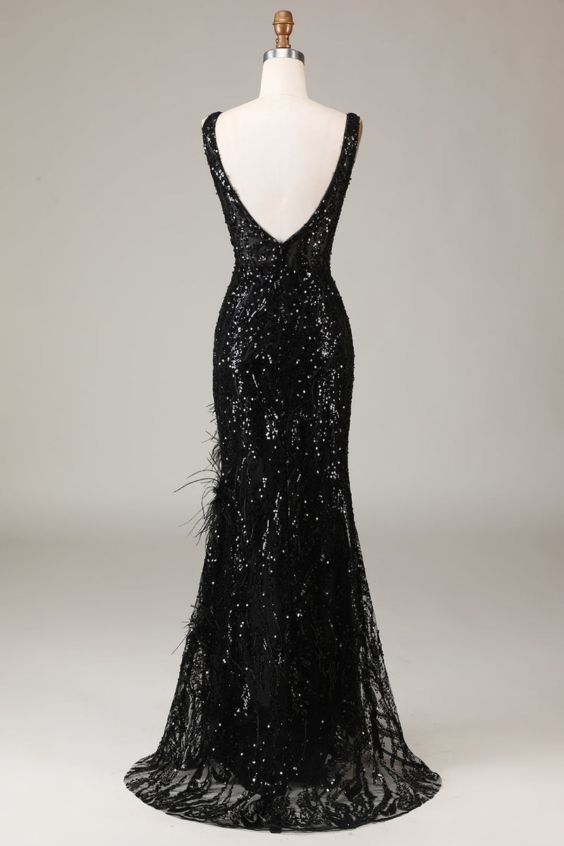 Load image into Gallery viewer, Black Sparkly Depp V-neck Mermaid Prom Dress with Feathers