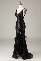 Load image into Gallery viewer, Black Sparkly Depp V-neck Mermaid Prom Dress with Feathers
