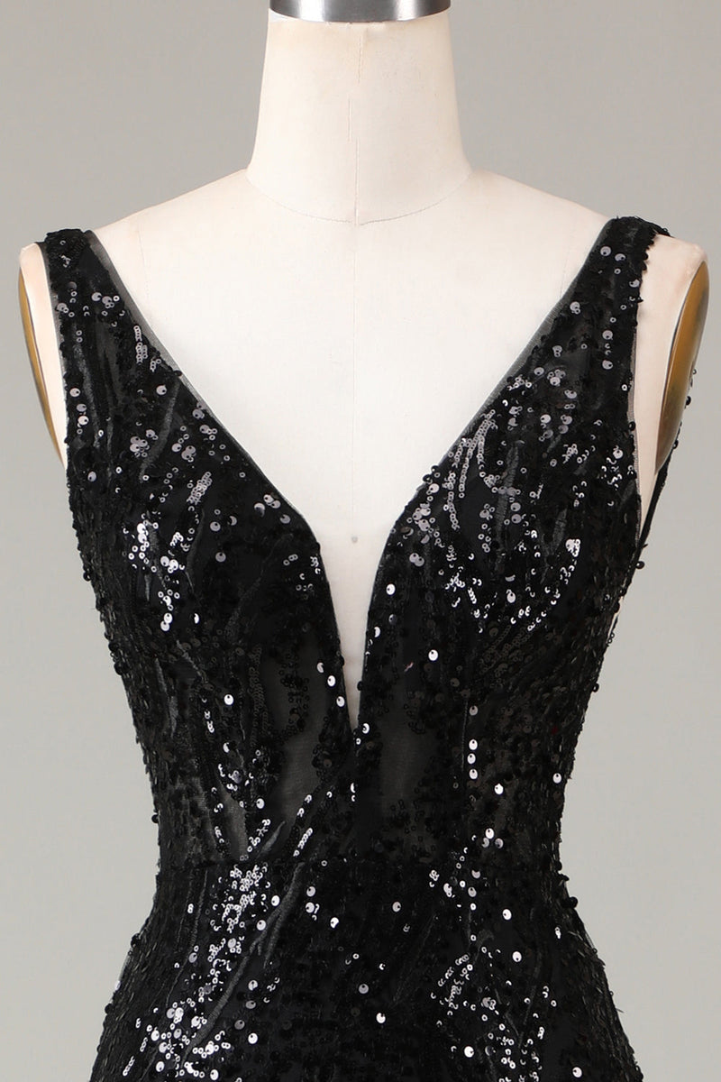 Load image into Gallery viewer, Black Sparkly Depp V-neck Mermaid Prom Dress with Feathers