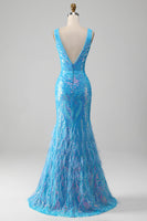 Load image into Gallery viewer, Sparkly Blue Mermaid V-Neck Long Prom Dress With Slit