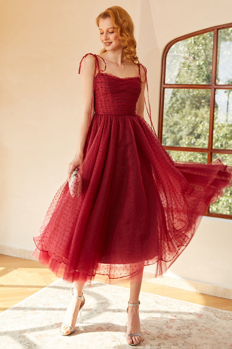 Load image into Gallery viewer, Spaghetti Straps Red Polka Dots Midi Prom Dress