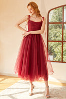 Load image into Gallery viewer, Spaghetti Straps Red Polka Dots Midi Prom Dress