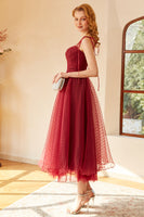 Load image into Gallery viewer, Spaghetti Straps Red Polka Dots Midi Prom Dress