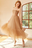 Load image into Gallery viewer, Khaki Polka Dots A Line Tulle Corset Prom Dress