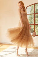 Load image into Gallery viewer, Khaki Polka Dots A Line Tulle Corset Prom Dress