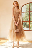 Load image into Gallery viewer, Khaki Polka Dots A Line Tulle Corset Prom Dress