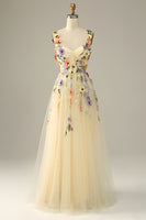 Load image into Gallery viewer, Champagne A Line Tulle Prom Dress with Appliques