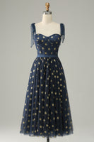 Load image into Gallery viewer, A-Line Navy Tea-Length Tulle Prom Dress with Stars
