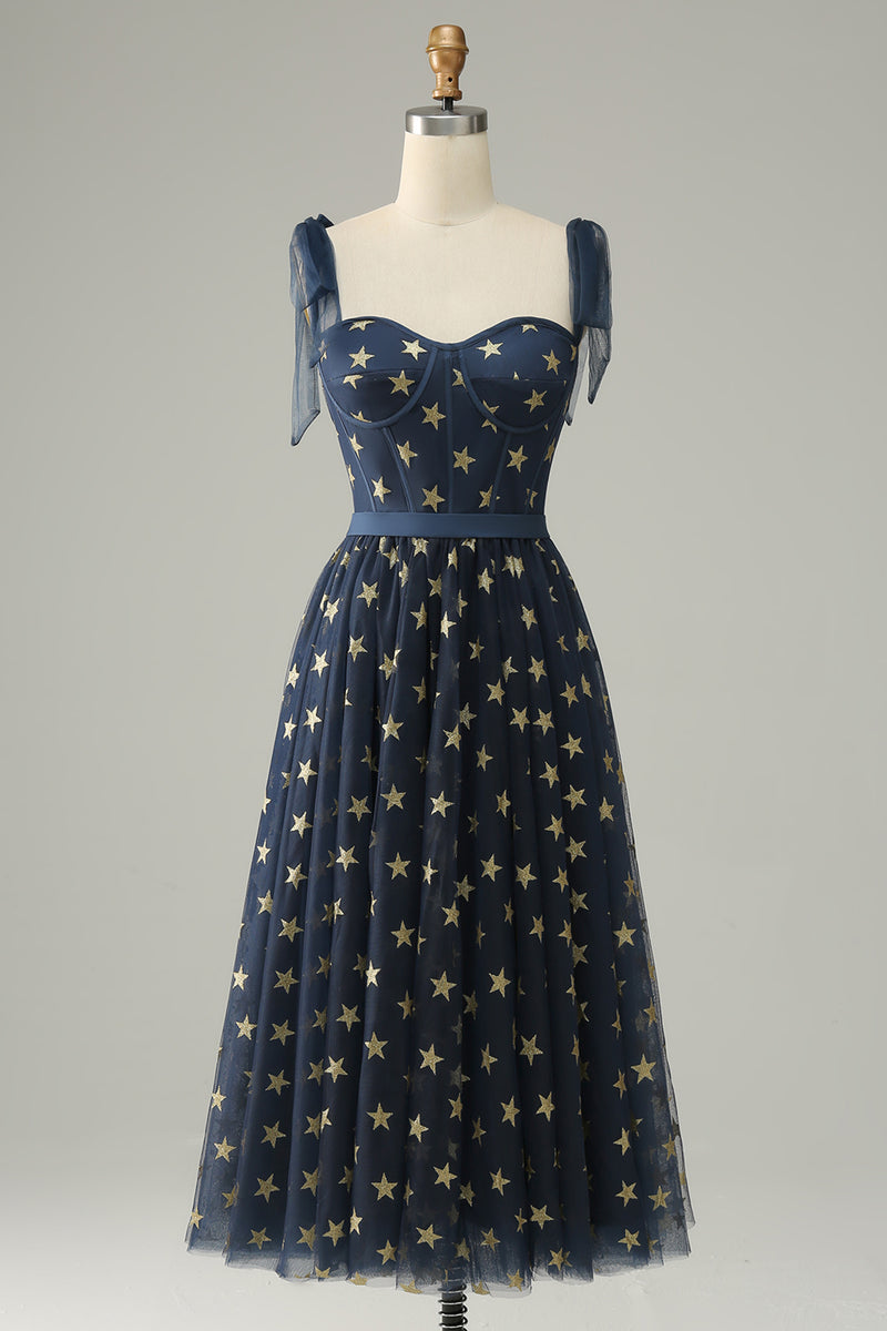 Load image into Gallery viewer, A-Line Navy Tea-Length Tulle Prom Dress with Stars