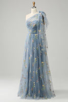 Load image into Gallery viewer, Grey Blue A-Line One Shoulder Prom Dress With Embroidery
