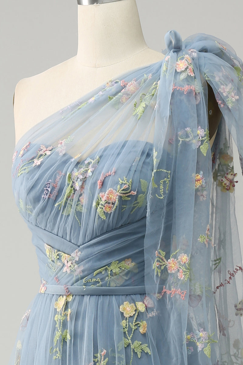 Load image into Gallery viewer, Grey Blue A-Line One Shoulder Prom Dress With Embroidery