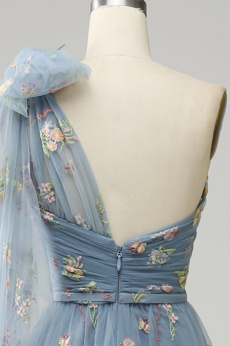 Load image into Gallery viewer, Grey Blue A-Line One Shoulder Prom Dress With Embroidery