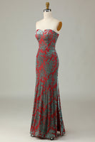 Load image into Gallery viewer, Mermaid Strapless Rust Velvet Bridesmaid Dress