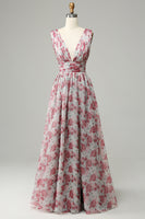 Load image into Gallery viewer, Grey and Pink Floral A Line Long Prom Dress