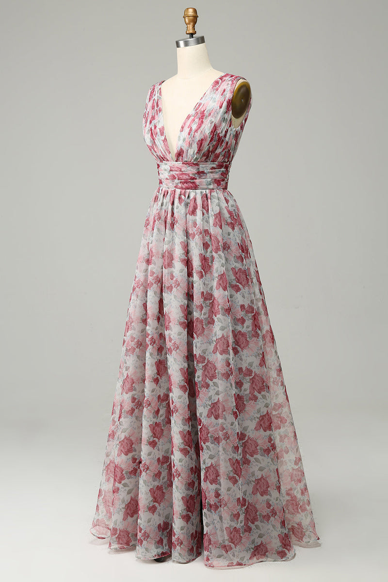 Load image into Gallery viewer, Grey and Pink Floral A Line Long Prom Dress