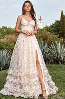 Load image into Gallery viewer, Spaghetti Straps Apricot Print Prom Dress with Slit