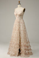 Load image into Gallery viewer, Spaghetti Straps Apricot Print Prom Dress with Slit