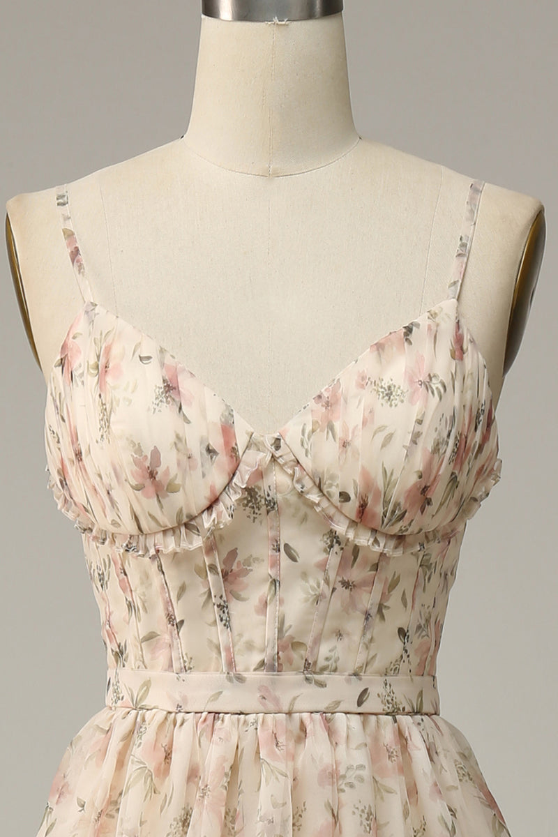 Load image into Gallery viewer, Spaghetti Straps Apricot Print Prom Dress with Slit