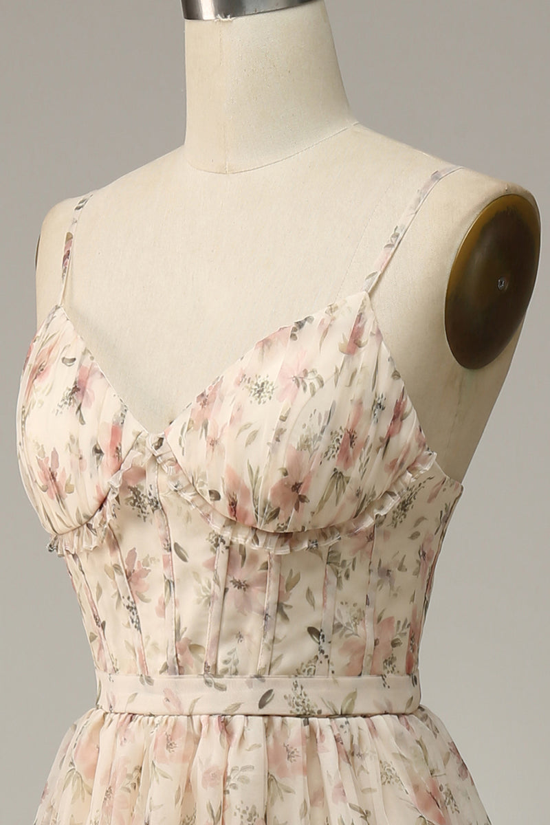 Load image into Gallery viewer, Spaghetti Straps Apricot Print Prom Dress with Slit