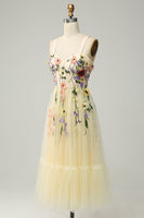 Load image into Gallery viewer, A Line Spaghetti Straps Champagne Tea Length Prom Dress with Appliques