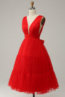 Load image into Gallery viewer, Red A Line Deep V Neck Midi Prom Dress with Open Back