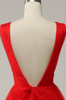 Load image into Gallery viewer, Red A Line Deep V Neck Midi Prom Dress with Open Back
