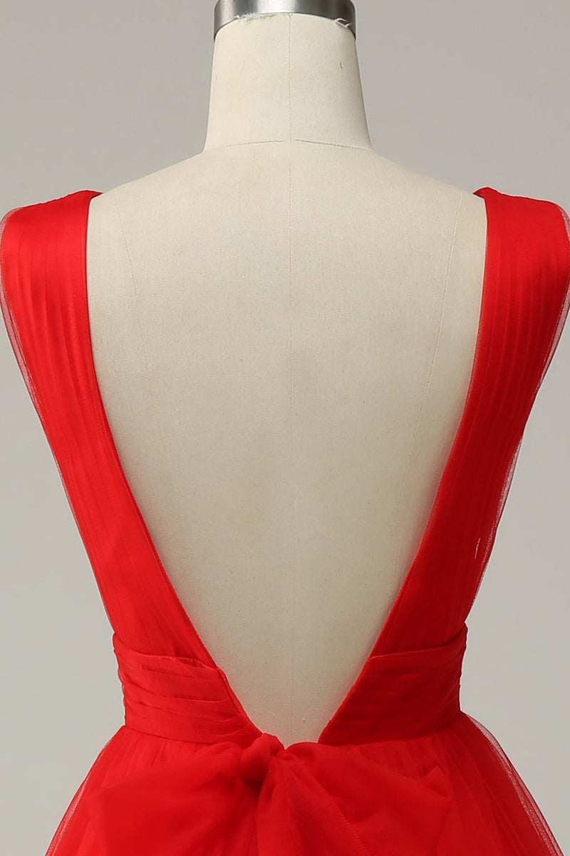 Load image into Gallery viewer, Red A Line Deep V Neck Midi Prom Dress with Open Back