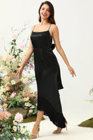 Load image into Gallery viewer, Sheath Spaghetti Straps Black Tea Length Prom Dress with Bowknot