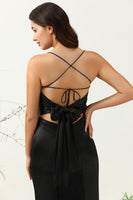 Load image into Gallery viewer, Sheath Spaghetti Straps Black Tea Length Prom Dress with Bowknot