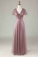 Load image into Gallery viewer, A Line V Neck Dusty Blue Long Bridesmaid Dress with Beading