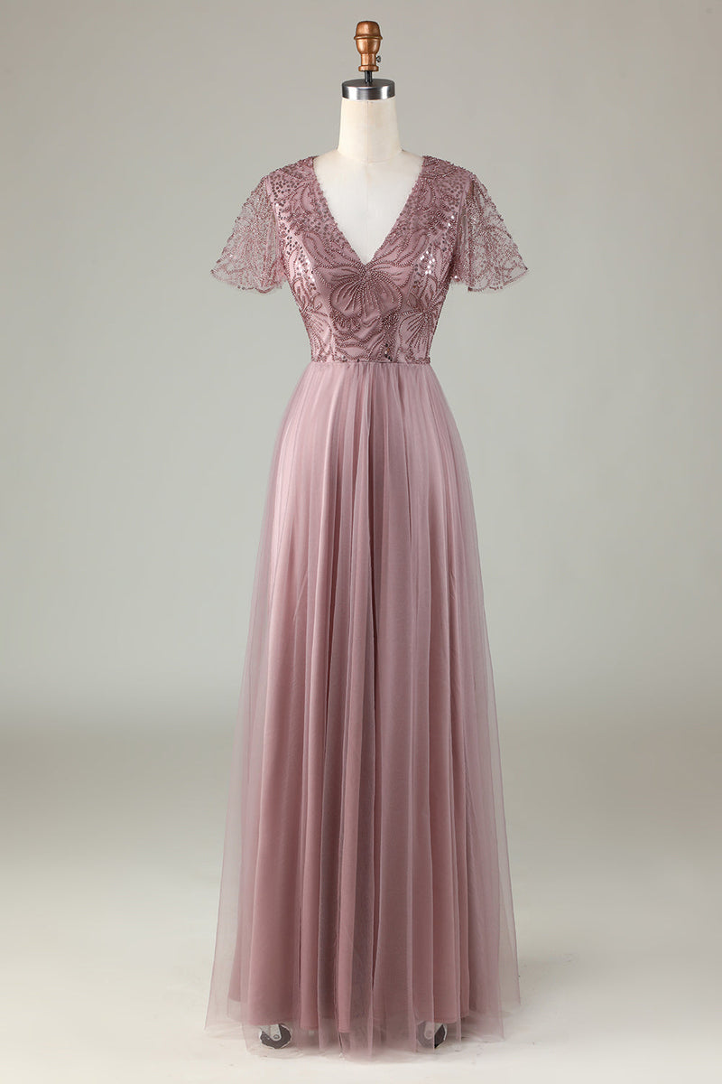 Load image into Gallery viewer, A Line V Neck Dusty Blue Long Bridesmaid Dress with Beading