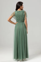 Load image into Gallery viewer, A-Line V Neck Eucalyptus Long Bridesmaid Dress with Beading