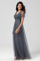 Load image into Gallery viewer, A-Line V Neck Eucalyptus Long Bridesmaid Dress with Beading