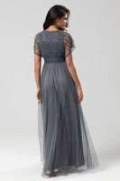 Load image into Gallery viewer, A-Line V Neck Eucalyptus Long Bridesmaid Dress with Beading