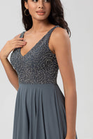 Load image into Gallery viewer, A Line V Neck Eucalyptus Long Bridesmaid Dress with Beading