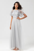 Load image into Gallery viewer, A-Line Jewel Neck Grey Long Bridesmaid Dress with Short Sleeves