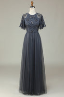 Load image into Gallery viewer, A-Line Jewel Neck Grey Long Bridesmaid Dress with Short Sleeves