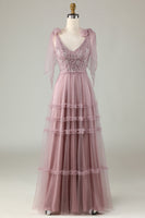 Load image into Gallery viewer, A-Line V Neck Dusty Pink Long Bridesmaid Dress with Beading