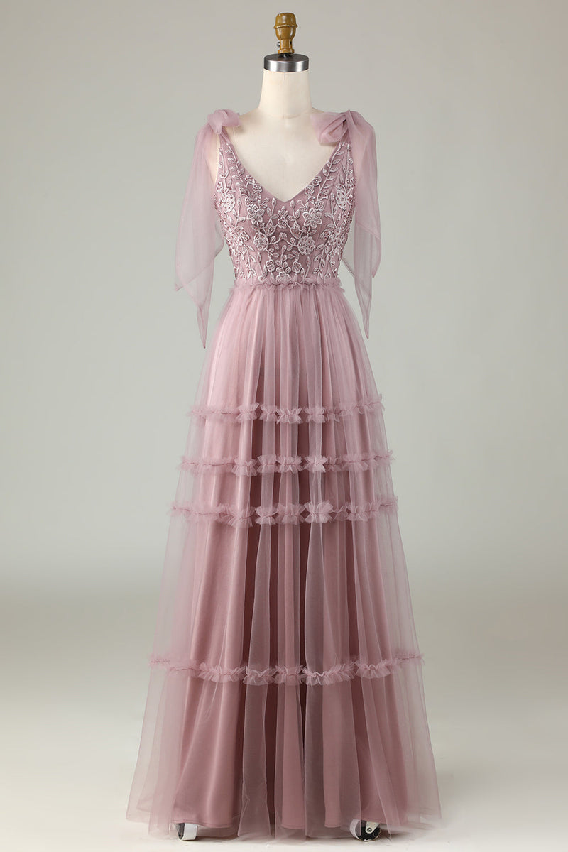 Load image into Gallery viewer, A-Line V Neck Dusty Pink Long Bridesmaid Dress with Beading